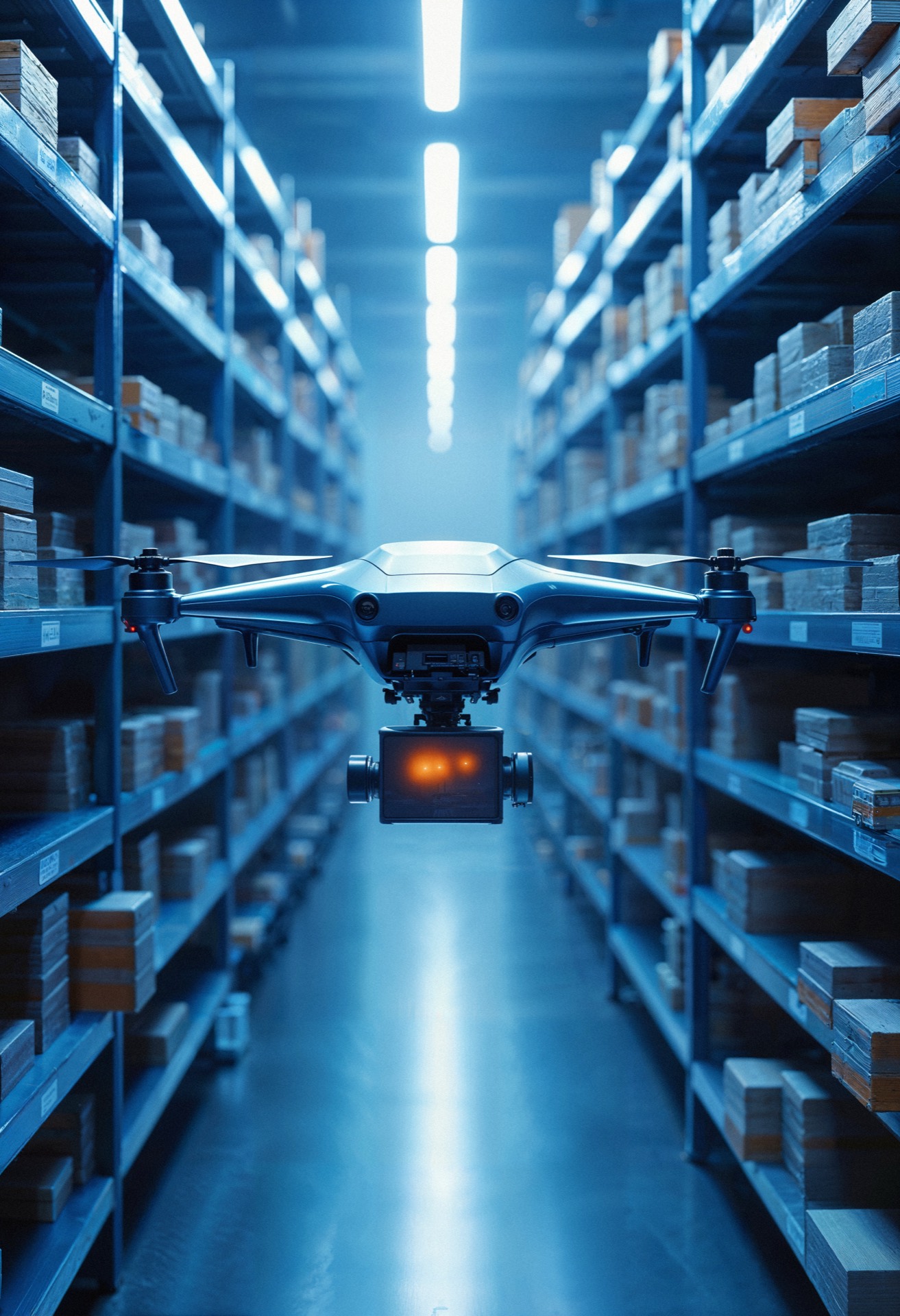 Autonomous drone scanning a warehouse aisle