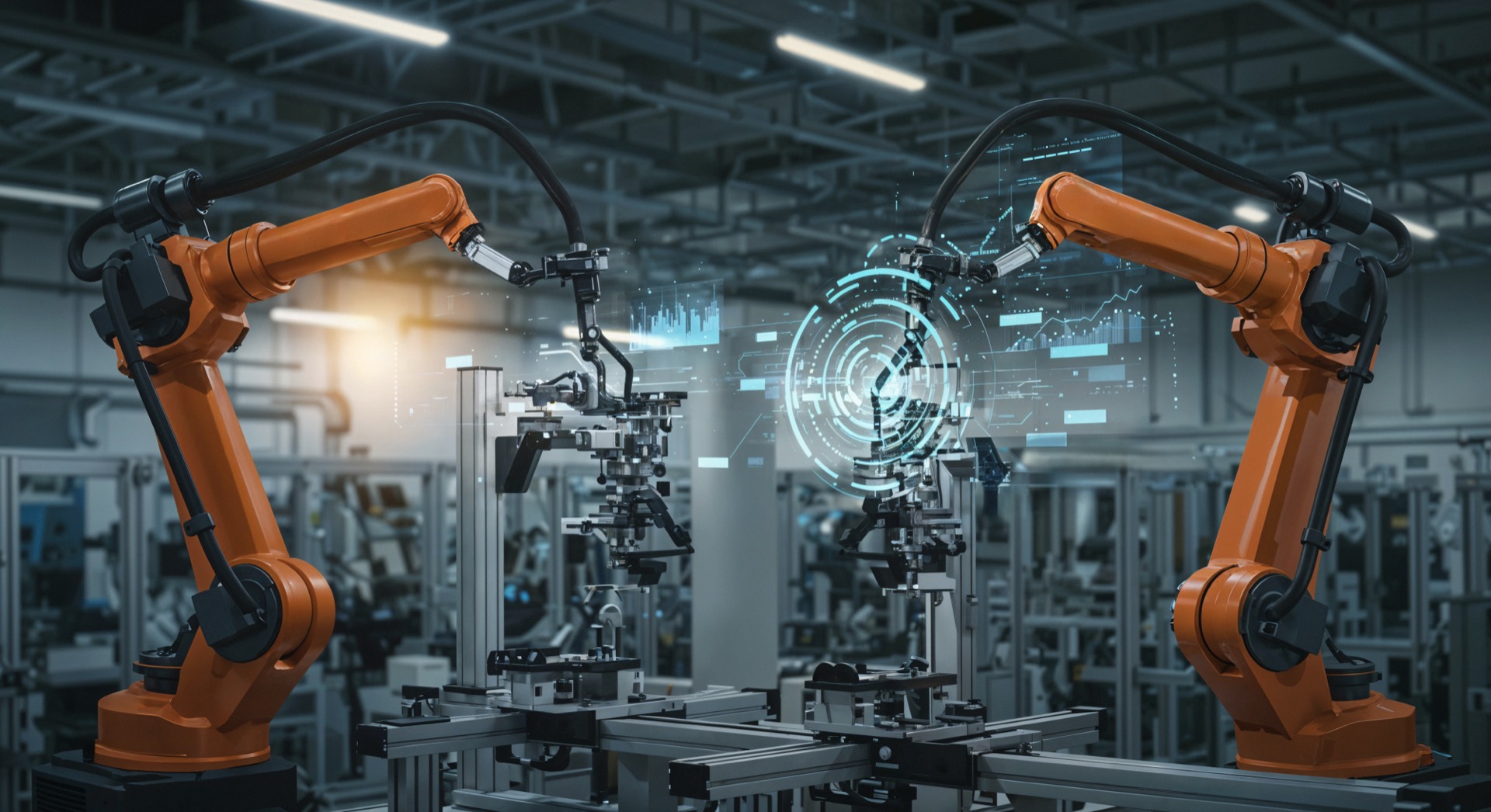 Robotic production line with a live scheduling HUD